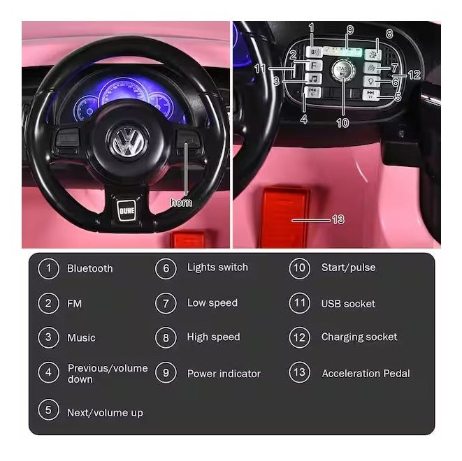 Volkswagen 12V Electric Children's Ride-on Car with Remote Control and Music, Multi-Colour (pink) - Image 2