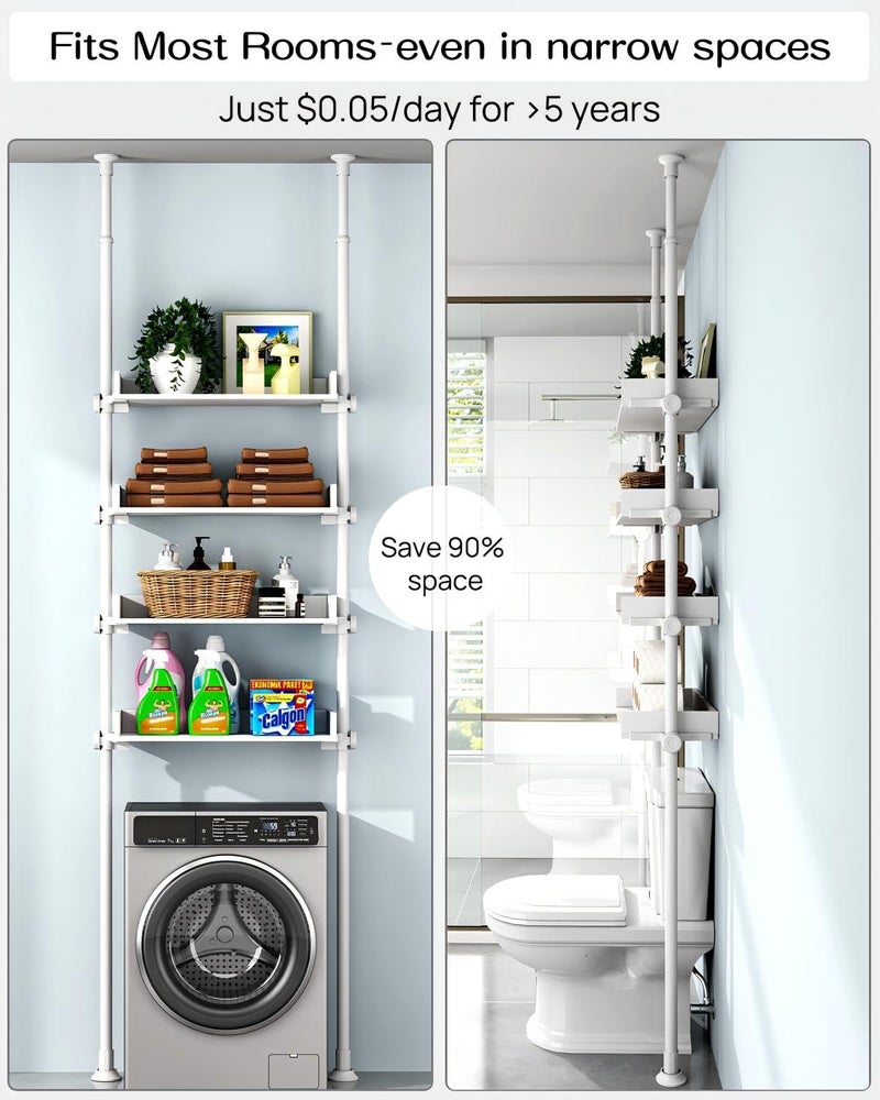 ALLZONE 4 Tier Over The Toilet Storage, Adjustable Wood Over Toilet Bathroom Organizer, Freestanding Shelves, Fit Most Showers Over The Toilet Shelf, 92 to 116 Inch Tall, White - Image 5