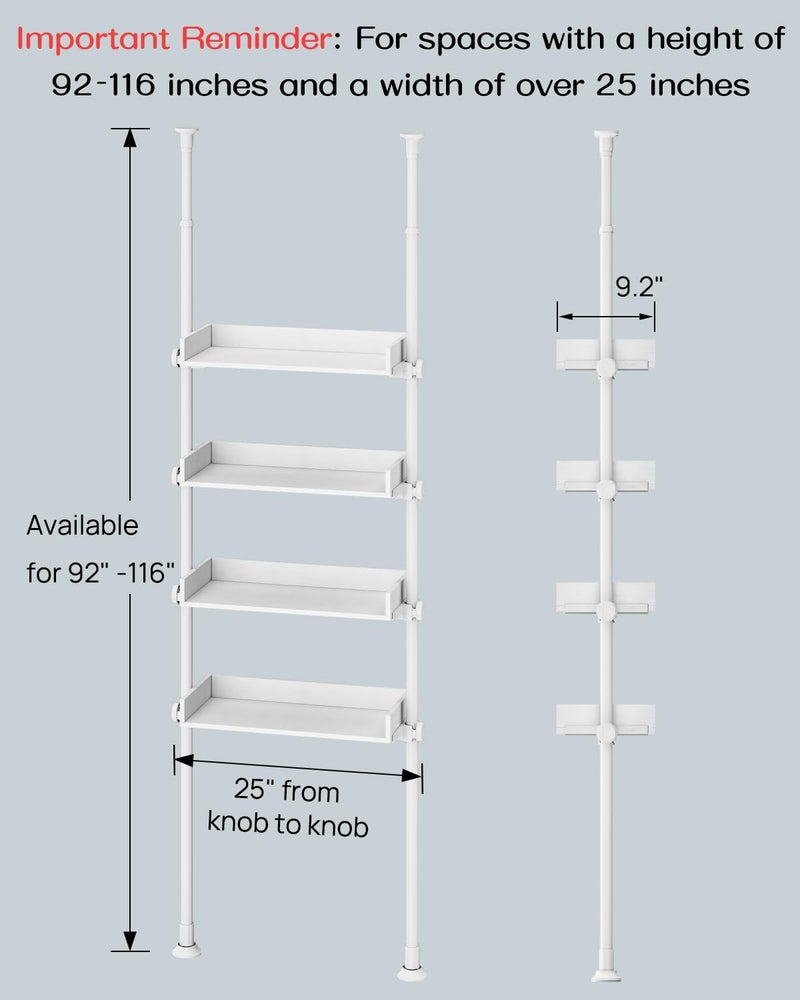 ALLZONE 4 Tier Over The Toilet Storage, Adjustable Wood Over Toilet Bathroom Organizer, Freestanding Shelves, Fit Most Showers Over The Toilet Shelf, 92 to 116 Inch Tall, White - Image 2