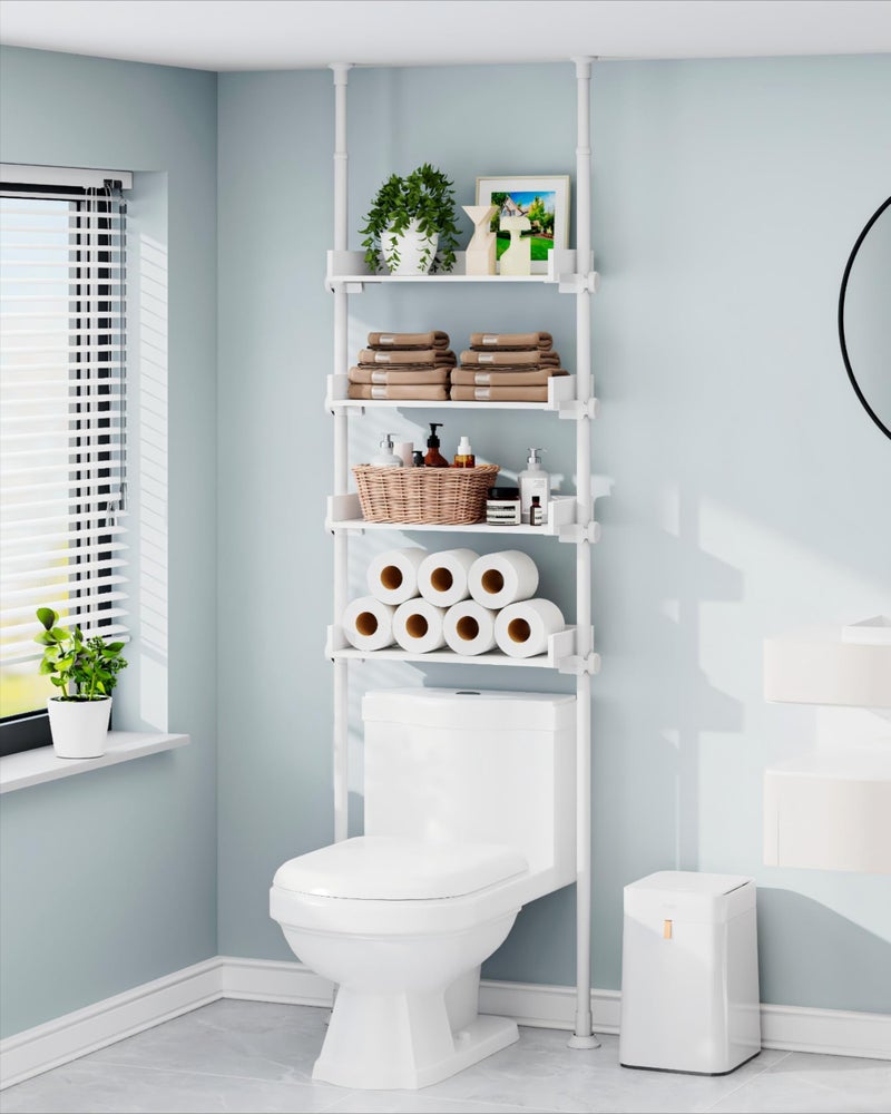 ALLZONE 4 Tier Over The Toilet Storage, Adjustable Wood Over Toilet Bathroom Organizer, Freestanding Shelves, Fit Most Showers Over The Toilet Shelf, 92 to 116 Inch Tall, White - Image 1