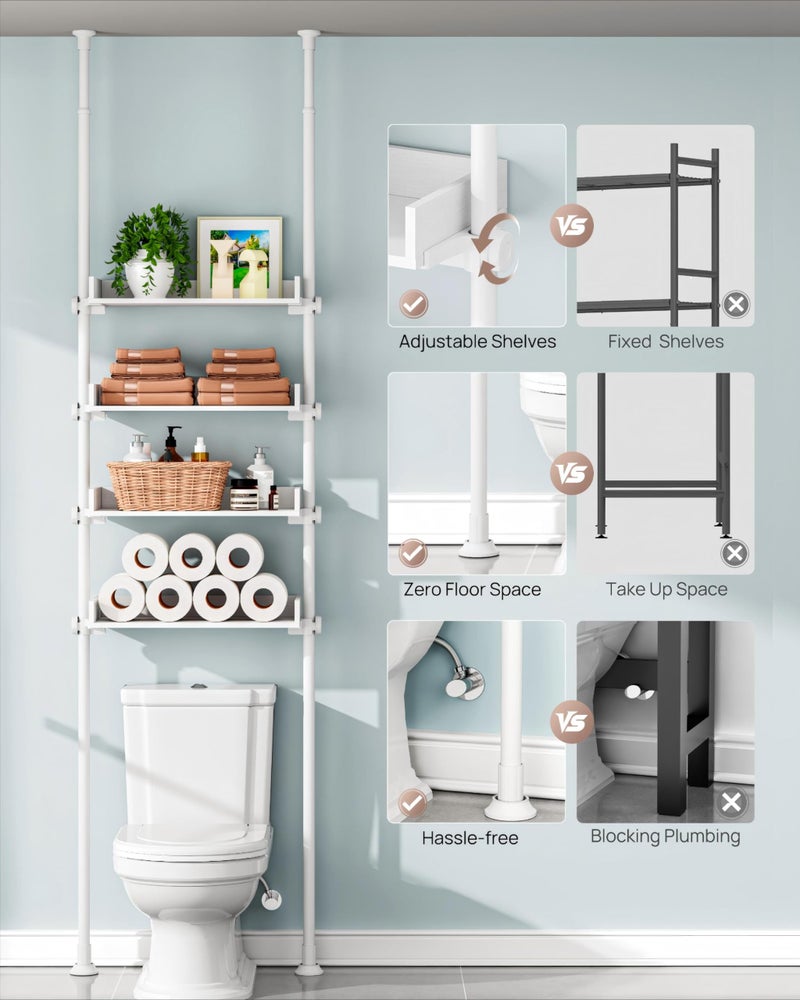 ALLZONE 4 Tier Over The Toilet Storage, Adjustable Wood Over Toilet Bathroom Organizer, Freestanding Shelves, Fit Most Showers Over The Toilet Shelf, 92 to 116 Inch Tall, White - Image 3