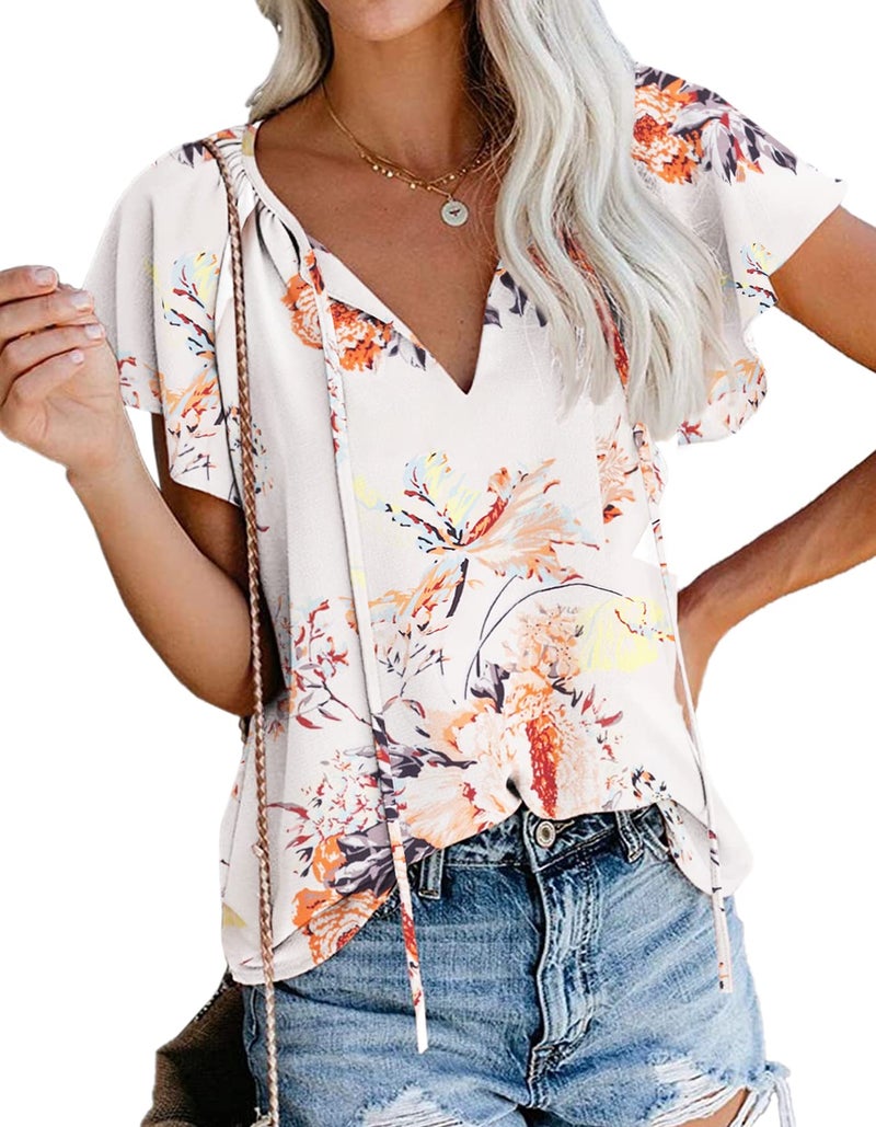 SimpleFun Womens Summer Tops Loose Fit V Neck Flutter Sleeve Bohemian Floral Blouse Shirts (Floral,M) - Image 5
