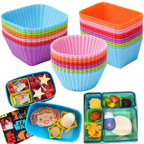 Doiaz Silicone Bento Lunch Box Dividers 3 Shapes of Standard Round & Square & Rectangle - Reusable Silicone Cupcake Liners Non-Stick Muffin Cups for Baking - Image 1