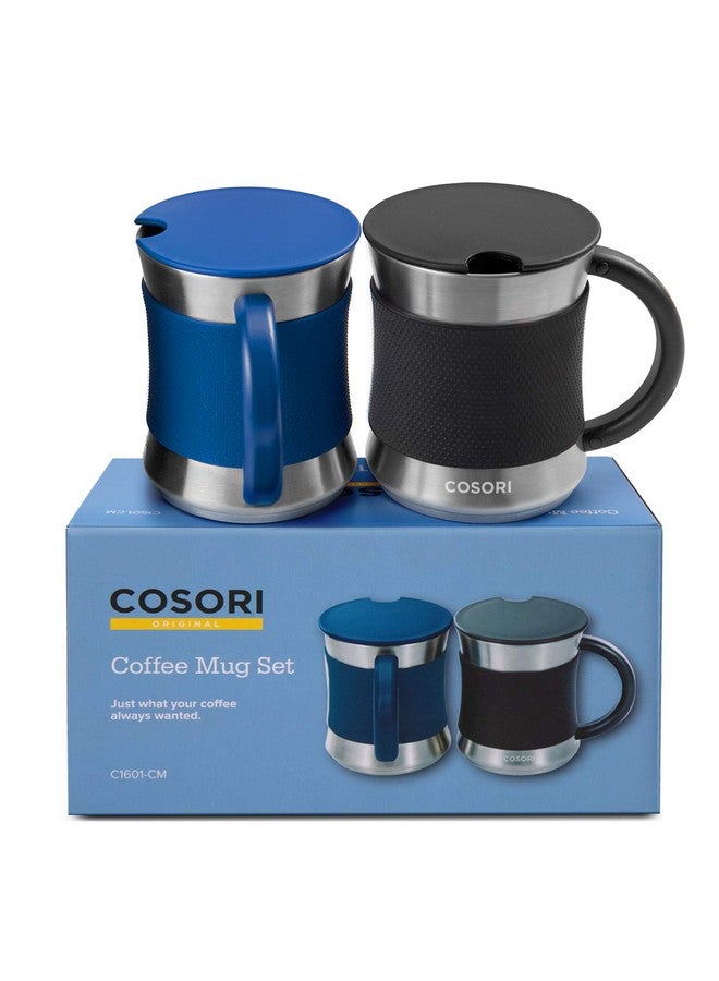COSORI Coffee Mug with Lids Set of 2, Stainless Steel Cups with Heat-resistant Handle & Slip-resistant Sleeve, 17 oz, Best Match w/Mug Warmer, for Coffee,Tea,Water,Cocoa, Milk, C1601-CM, Black & Blue - Image 1