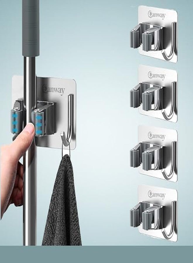 CANWAY® Wall Mounted Self Adhesive 4 Pieces Stainless Steel 1 Rack with 1 Hook Heavy Duty Broom and Mop Stick Holder for Home, Kitchen, Garden & Laundary (Silver) - Image 1
