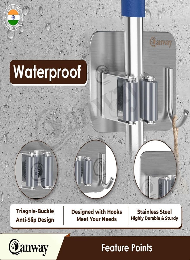 CANWAY® Wall Mounted Self Adhesive 4 Pieces Stainless Steel 1 Rack with 1 Hook Heavy Duty Broom and Mop Stick Holder for Home, Kitchen, Garden & Laundary (Silver) - Image 4