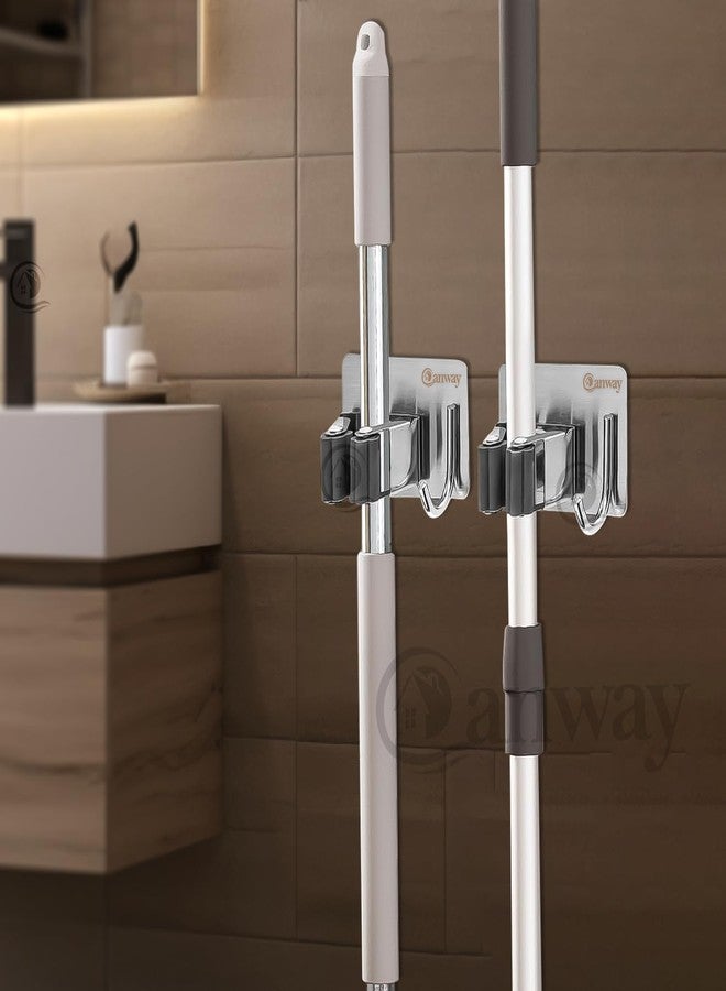 CANWAY® Wall Mounted Self Adhesive 4 Pieces Stainless Steel 1 Rack with 1 Hook Heavy Duty Broom and Mop Stick Holder for Home, Kitchen, Garden & Laundary (Silver) - Image 5