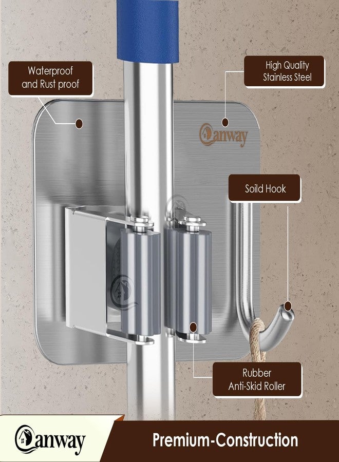 CANWAY® Wall Mounted Self Adhesive 4 Pieces Stainless Steel 1 Rack with 1 Hook Heavy Duty Broom and Mop Stick Holder for Home, Kitchen, Garden & Laundary (Silver) - Image 3