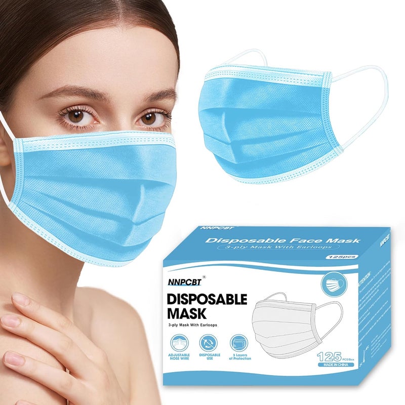 NNPCBT Blue Disposable Face Masks 125 Pack,3-Ply Breathable Mask For Adults,Great For Outdoors,Home, Office, School - Image 1