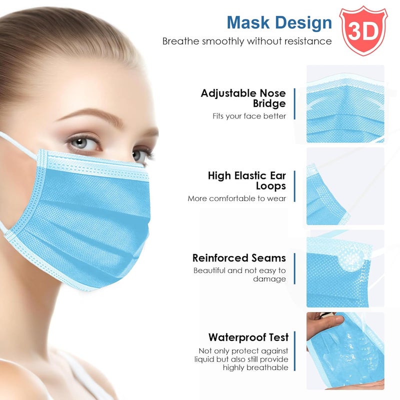 NNPCBT Blue Disposable Face Masks 125 Pack,3-Ply Breathable Mask For Adults,Great For Outdoors,Home, Office, School - Image 3