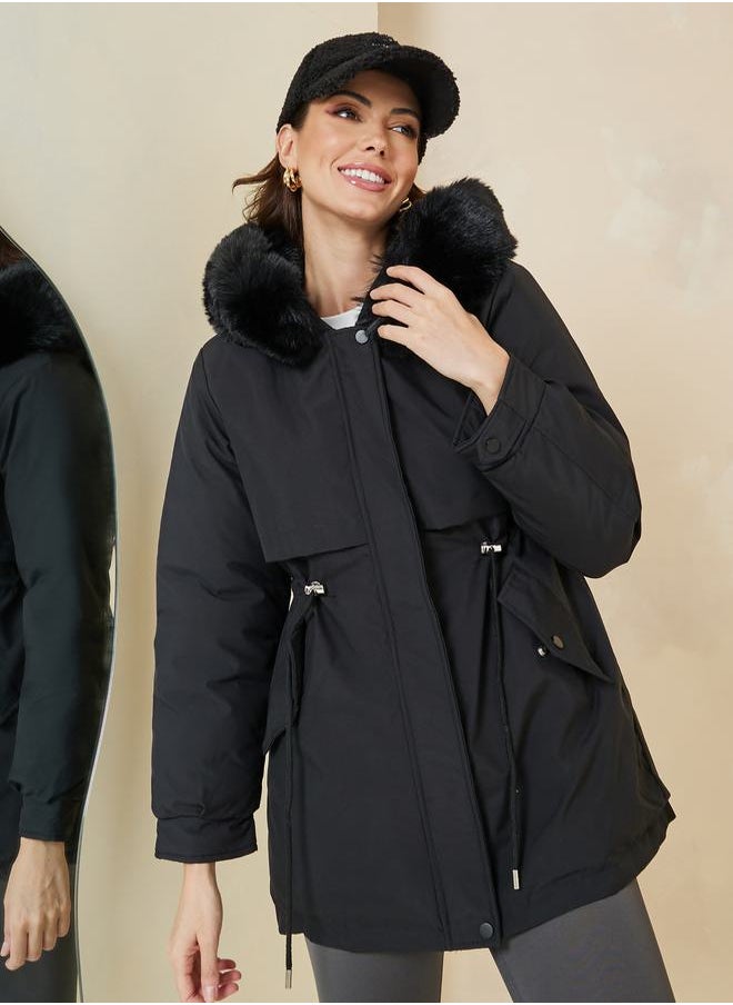 Styli - Regular Fit Parka Coat with Faux Fur Hoodie - Image 1