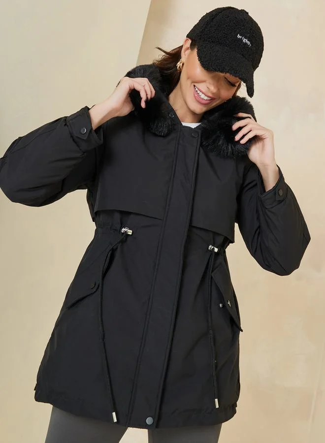 Styli Regular Fit Parka Coat with Faux Fur Hoodie