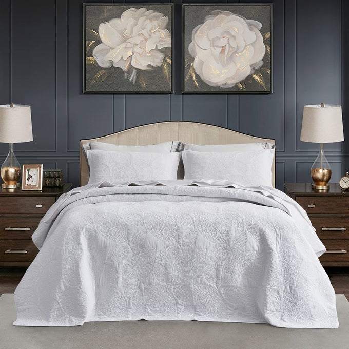 BOTANICAL COTTON QUILT KING SIZE REAL STITCHING LEAF PATTERN QUILTED BEDSPREAD COVERLET SET ULTRA SOFT LIGHTWEIGHT REVERSIBLE 3 PIECE PURE WHITE