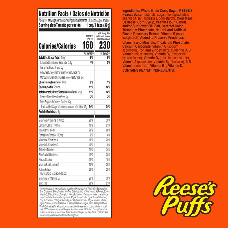 REESE'S PUFFS Peanut Butter Lovers Breakfast Cereal, Made with Whole Grain and Real REESE'S Peanut Butter, Family Size, 19.7 oz - Image 2