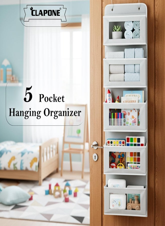 CLAPONE Over the Door Organizer/Large Pockets – Anti-Tilt Hanging Storage for Bedroom/Closet Door Storage/Bathroom/Pantry/Nursery/Bedroom (Grey, 5 Shelf Hanging Door) - Image 3