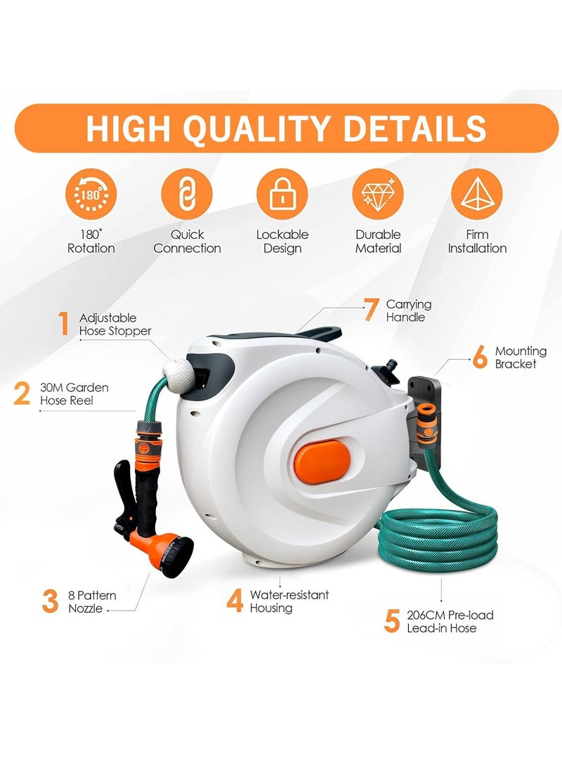 Retractable Hose Reel, Wall Mounted Hose Reel, Garden Hose Spray Gun, 8 in 1 Nozzle Wall Mounted Hose Reel for Garden, Retractable, Auto Lock and Auto Rewind, Outdoor Watering (10M)