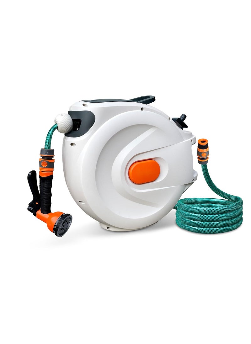 Retractable Hose Reel, Wall Mounted Hose Reel, Garden Hose Spray Gun, 8 in 1 Nozzle Wall Mounted Hose Reel for Garden, Retractable, Auto Lock and Auto Rewind, Outdoor Watering (10M)
