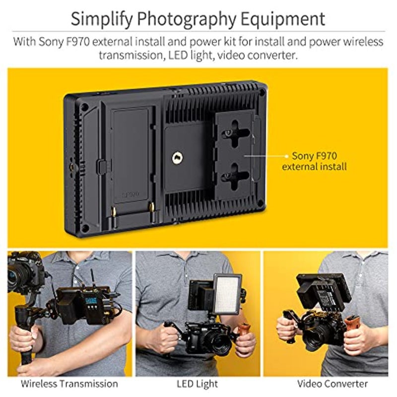 شاشة كاميرا DSLR لإنتاج فيديو احترافي، هيكل من سبائك الألومنيوم، لون أسود، شاشة لمس 7 بوصة مع مدخل/مخرج HDMI 4K 60 هرتز، شكل موجة HDR، دعم LUT ثلاثي الأبعاد، وتوافق طاقة البطارية F970 - Image 5