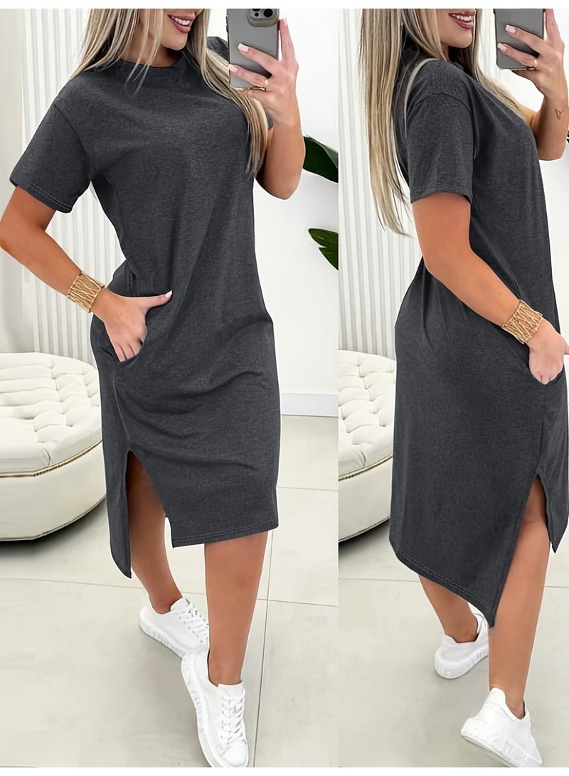 Casual Slit Pocket T - Shirt Dress for women - Image 3