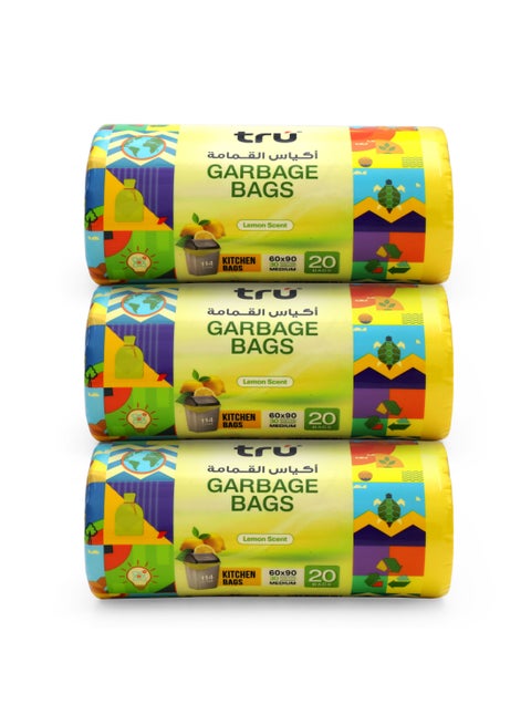 Pack of 3 - Lemon Scented Garbage Bags Compact Roll,  30 Gallon, Medium (Kitchen Bin), 60x90cm - 20 Bags x 3 yellow