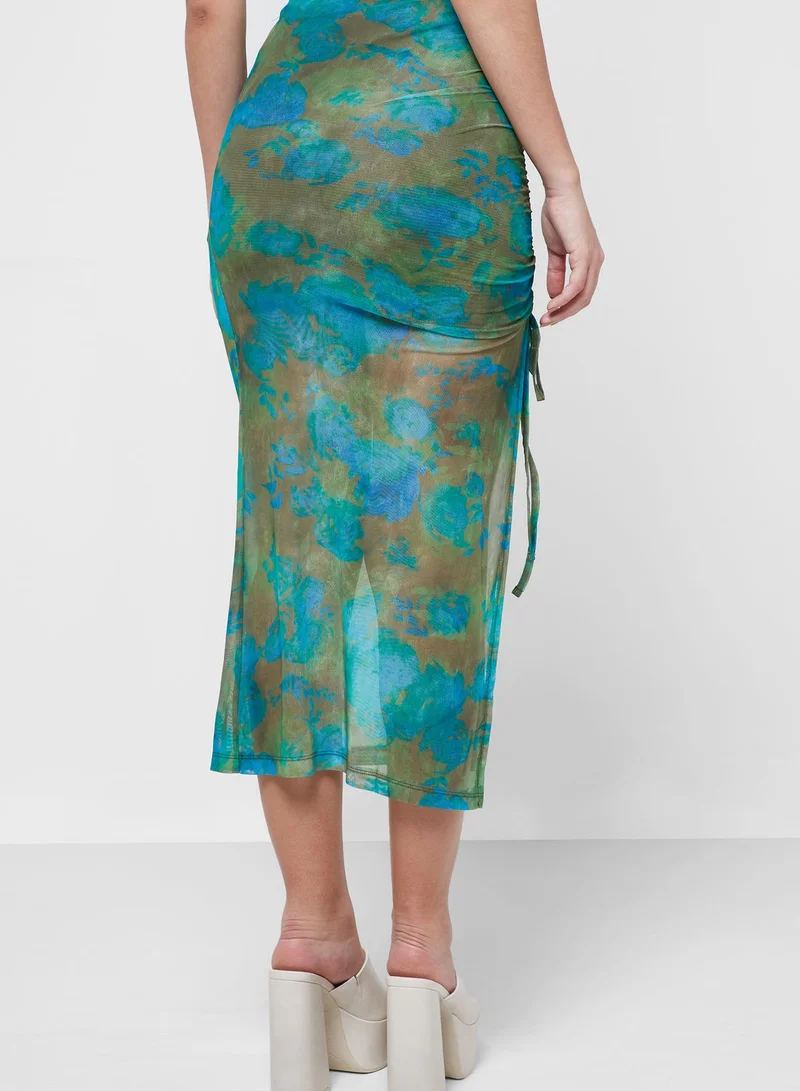 TOPSHOP Ruched Detail Printed Midi Skirt
