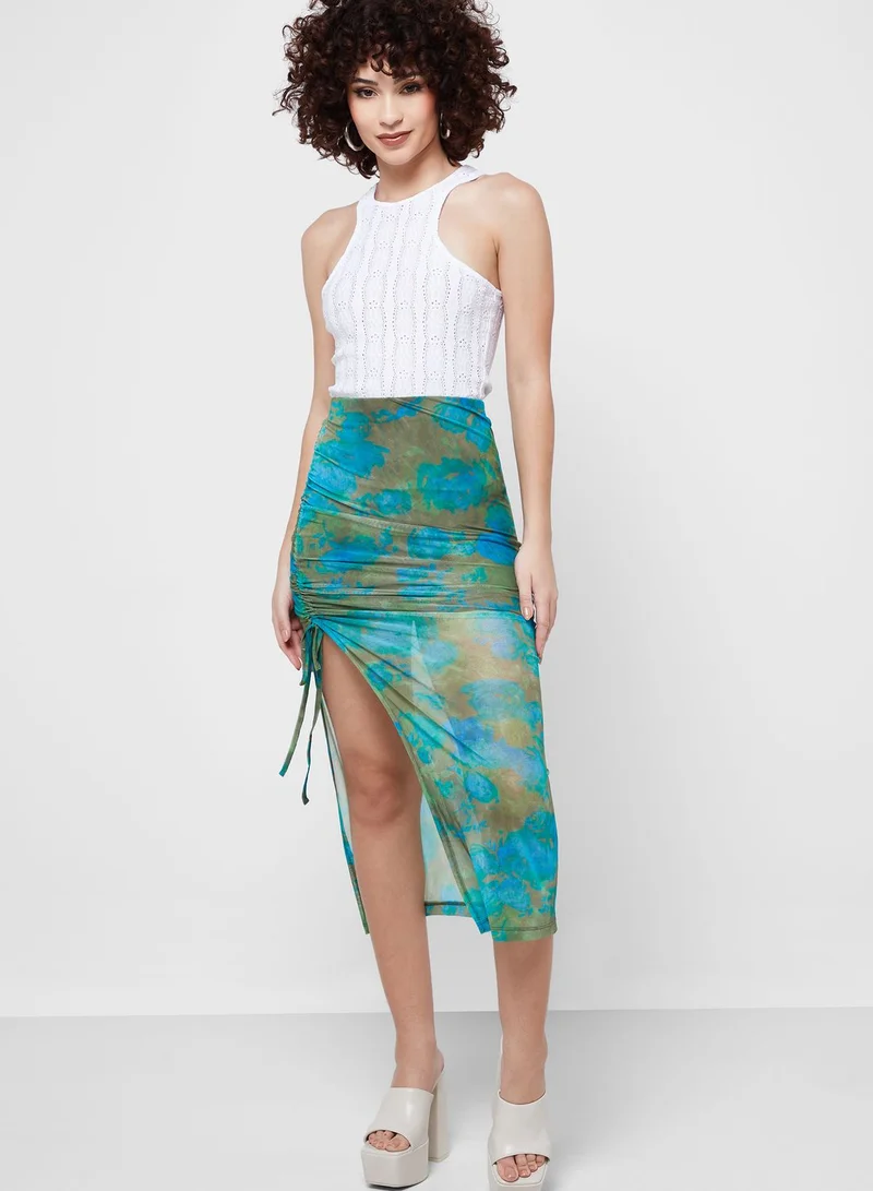 TOPSHOP Ruched Detail Printed Midi Skirt