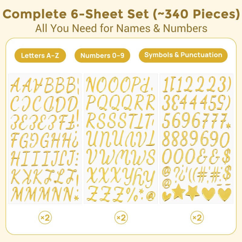 sodknow 6 Sheets Gold 3D Puffy Letter and Number Stickers, 1 Inch Alphabet Aâ€“Z, 0â€“9 & Symbols, Metallic Self-Adhesive for Christmas Stockings, Classroom, Scrapbooking, Planners, Gift Tags - Image 5