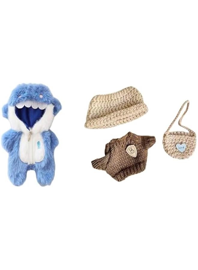 Clothes for Doll(NO Doll) - Brown Sweater Three-Piece Suit and Blue Shark Jumpsuit for 17cm Doll, Premium Outfit with Accessories, Stylish Clothes for Doll (Style A+Style B)  - Image 1