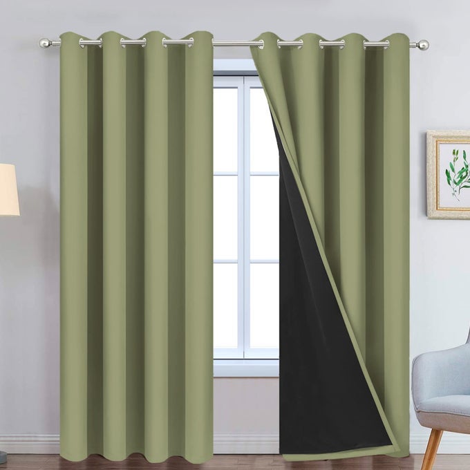 TOTAL BLACKOUT CURTAINS 2 THICK LAYERS COMPLETELY BLACKOUT THERMAL INSULATED DRAPES WITH BLACK LINER FOR BEDROOM52WX84L SAGE 2 PANELS