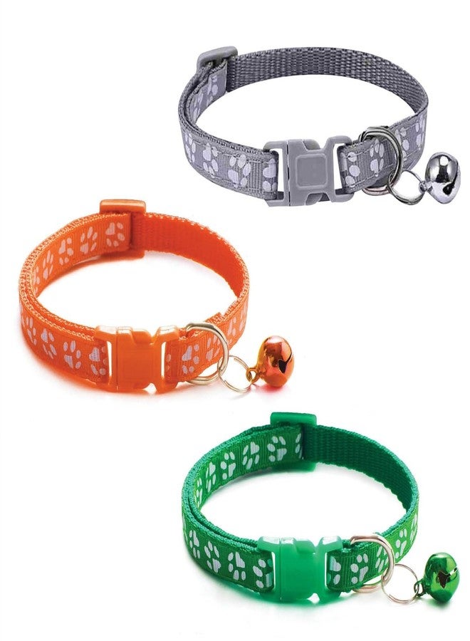 Litvibes Cat Collars Set of 3 with Bell,Kitten & Small Dog Soft Adjustable Collar Safe,Solid Breakaway for Cats & Puppies,Cute Kitty Neckband with Paw Print-(Grey,Orange,Dark Green) - Image 1
