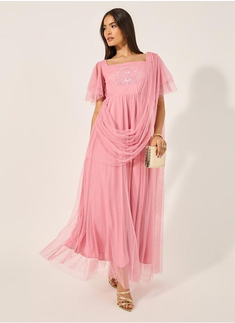 U and F Pink Square Neck Net Maxi Dress