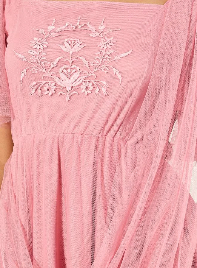 Styli U and F Pink Square Neck Net Maxi Dress
