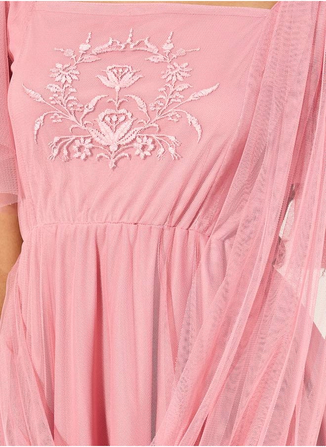 Styli - U and F Pink Square Neck Net Maxi Dress - Image 1
