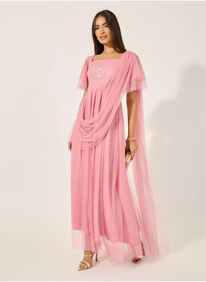 ستايلي U and F Pink Square Neck Net Maxi Dress