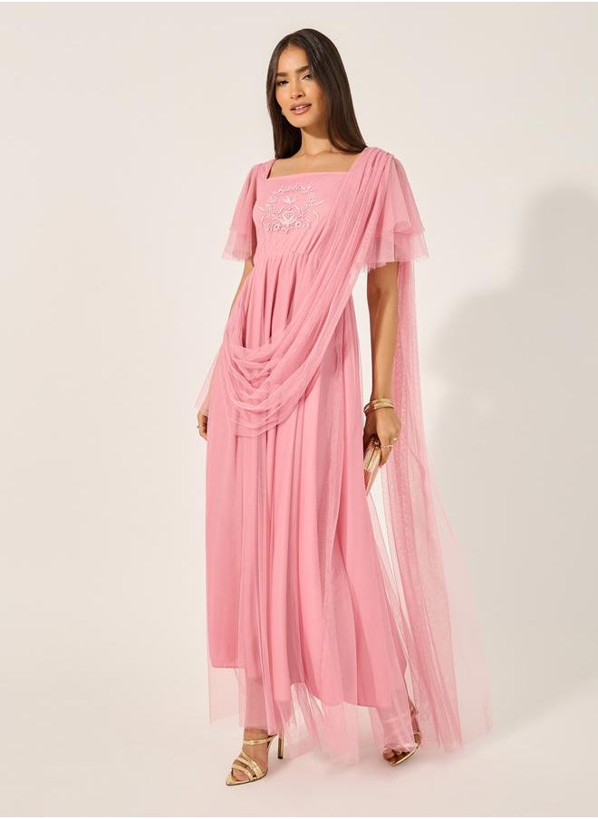 Styli - U and F Pink Square Neck Net Maxi Dress - Image 1