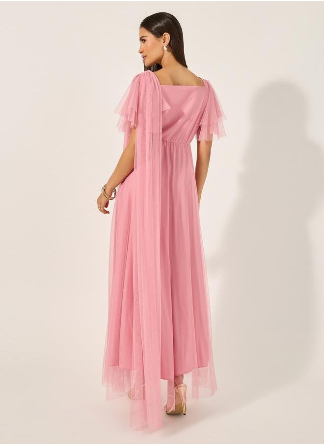 Styli - U and F Pink Square Neck Net Maxi Dress - Image 1