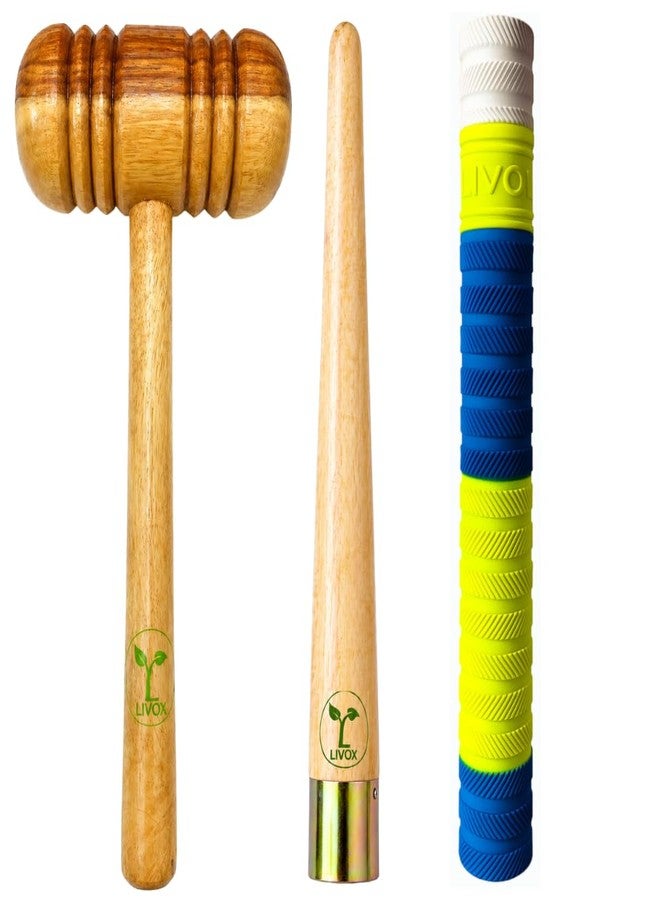 Livox Cricket Bat Knocking Hammer Combo with Wooden Grip Cone and Premium Bat Grip for Bat Preparation - Image 1