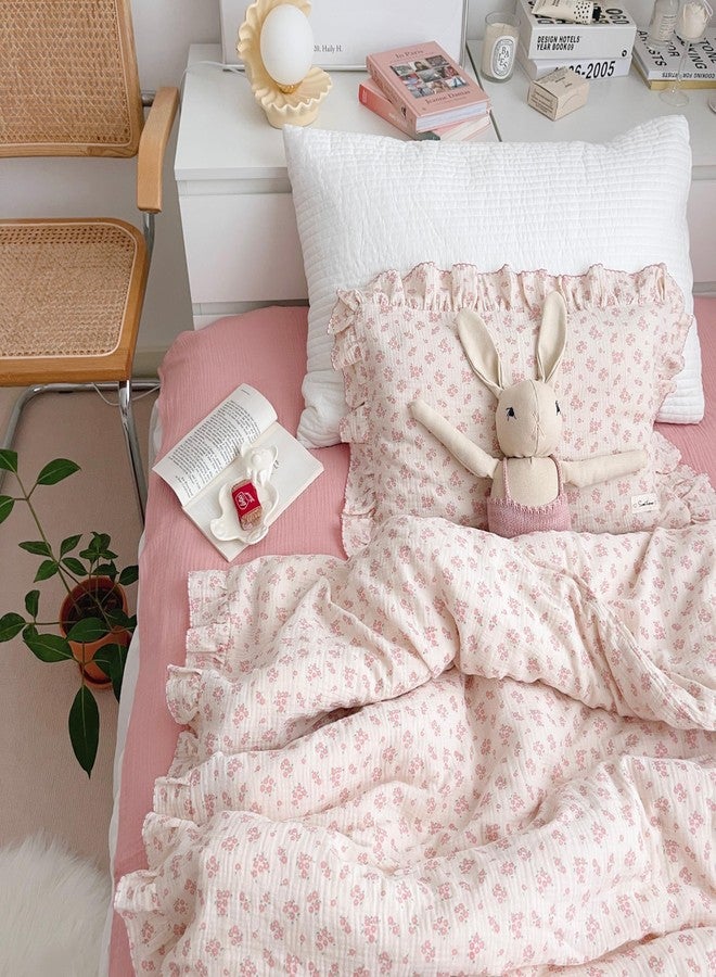 AOJIM Baby Muslin Duvet Cover with Pink Floral Patterns, 1pc Pure Cotton Kids Bedding Comforter Cover 2-layer Gauze 47X59'', Ruffled Design Baby Duvet Protector for Girls Boys, No Quilt or Pillowcases - Image 2