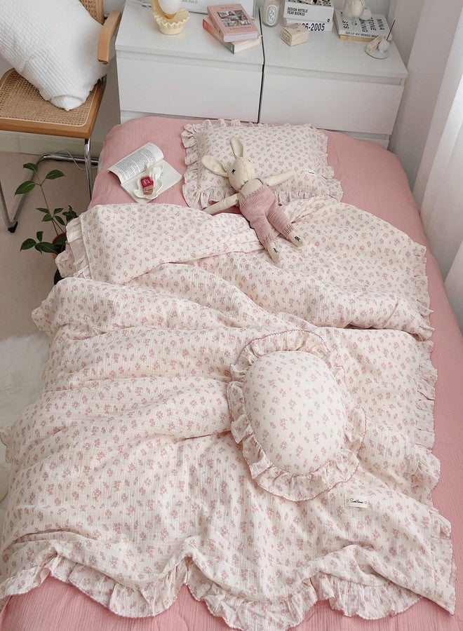 AOJIM Baby Muslin Duvet Cover with Pink Floral Patterns, 1pc Pure Cotton Kids Bedding Comforter Cover 2-layer Gauze 47X59'', Ruffled Design Baby Duvet Protector for Girls Boys, No Quilt or Pillowcases - Image 1