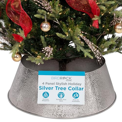 BirdRock Home BIRDROCK HOME 4Panel Christmas Tree Collar  Metal Holiday Skirt Decor  Water Base Protection from Pets Silver  Hammered