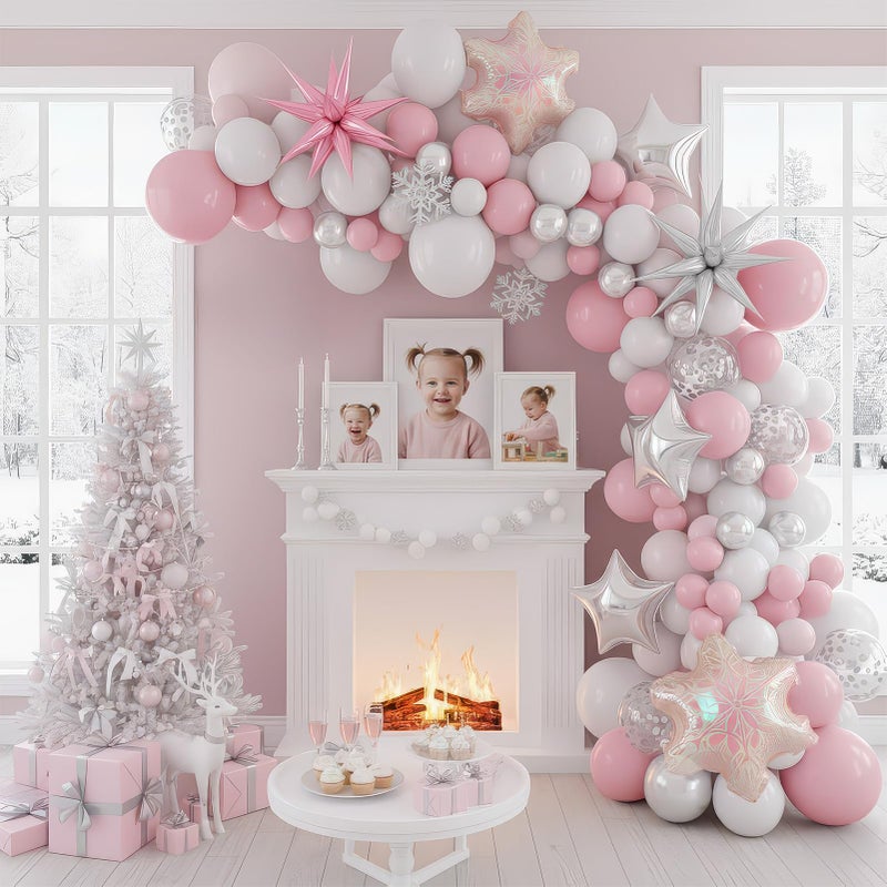 yeewaka pink and silver Winter balloon garland arch kit 130pcs with Snowflake star mylar Balloons for girl 1st Birthday party pink Christmas winter wonderland baby shower decorations - Image 2