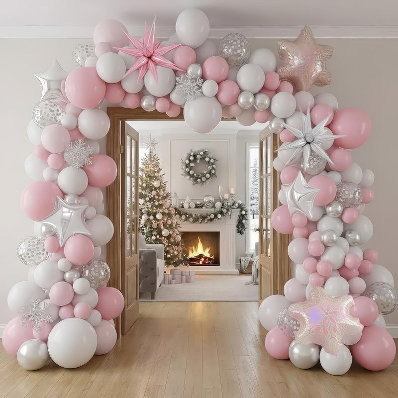 yeewaka pink and silver Winter balloon garland arch kit 130pcs with Snowflake star mylar Balloons for girl 1st Birthday party pink Christmas winter wonderland baby shower decorations - Image 1