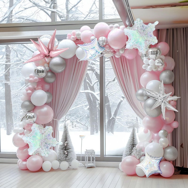 yeewaka pink and silver Winter balloon garland arch kit 130pcs with Snowflake star mylar Balloons for girl 1st Birthday party pink Christmas winter wonderland baby shower decorations - Image 3