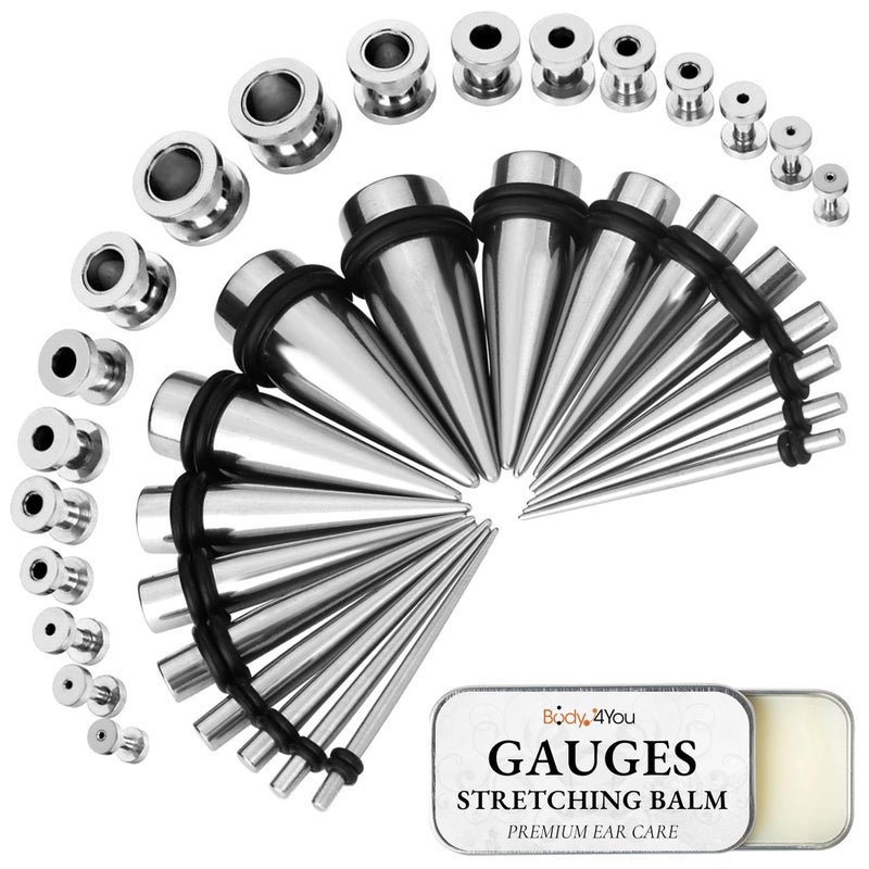 BodyJ4You 37PC Ear Stretching Kit - Beginner Gauges 14G-00G Starter Set - Aftercare Balm Wax - Steel Tapers Screw Fit Tunnels Plugs - Women Eyelet Mens Earrings Expander Piercing Jewelry - Image 1