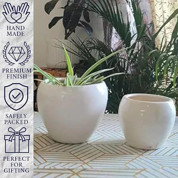 Niyara Set of 2 Ceramic Planters for Home, Garden & Balcony | White Apple Design | Large (5x5 inch) & Small (4x4 inch) Pot Combo - Image 4