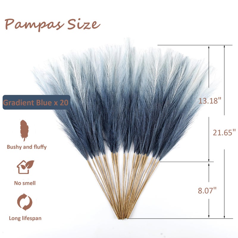 Acfruits 20Pcs Navy Blue Gradient and White Faux Pampas Grass Decor, 21.7" Pompas Grass Flower Arrangement and Vase Filler for Boho Home Wedding Decoration - Image 2