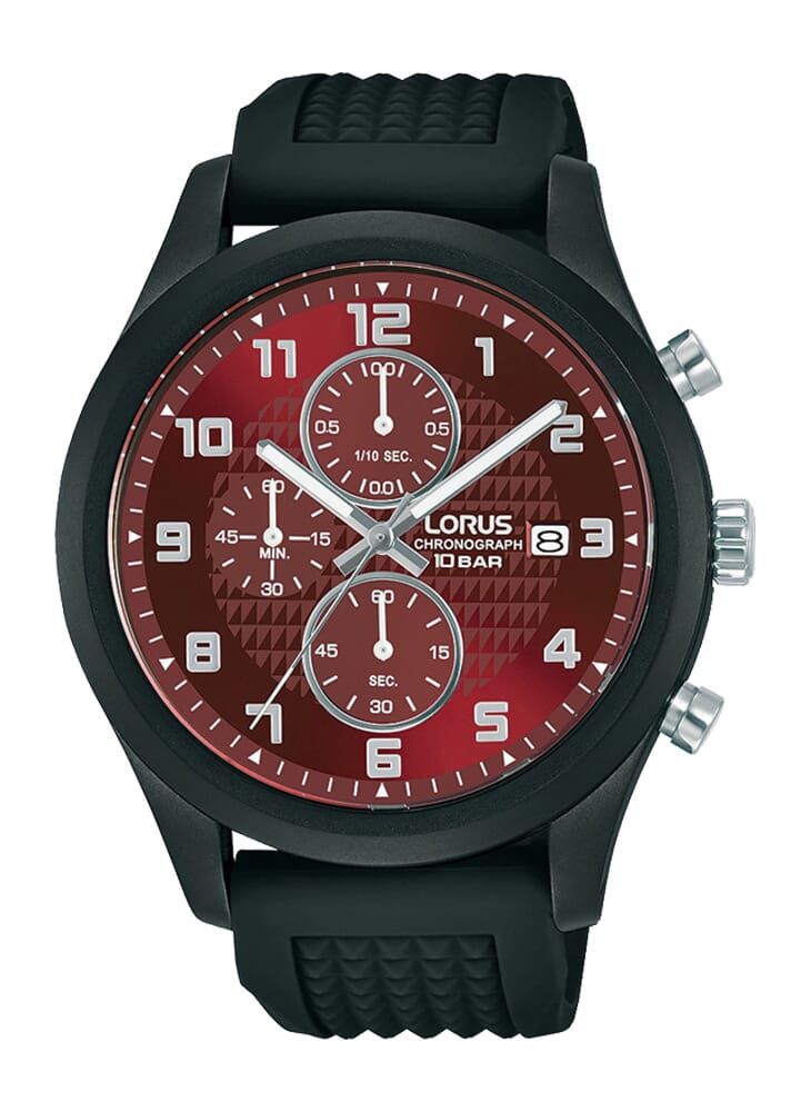 LORUS ساعة لوروس بمينا أشعة الشمس باللون الأحمر الداكن كرونوجراف كوارتز بسوار سيليكون للرجال RM391GX9 - Image 1