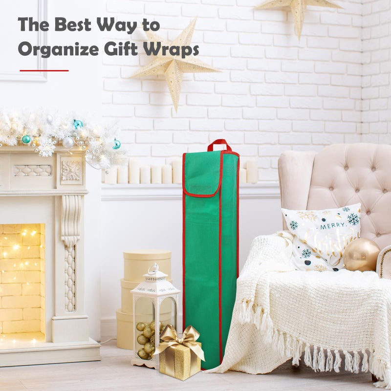 bruwaa 2 Psc Gift Wrapping Paper Organizer Storage Bag Containers with Pocket and Handles, 29" x 5.5" x 5.5", Green - Image 3