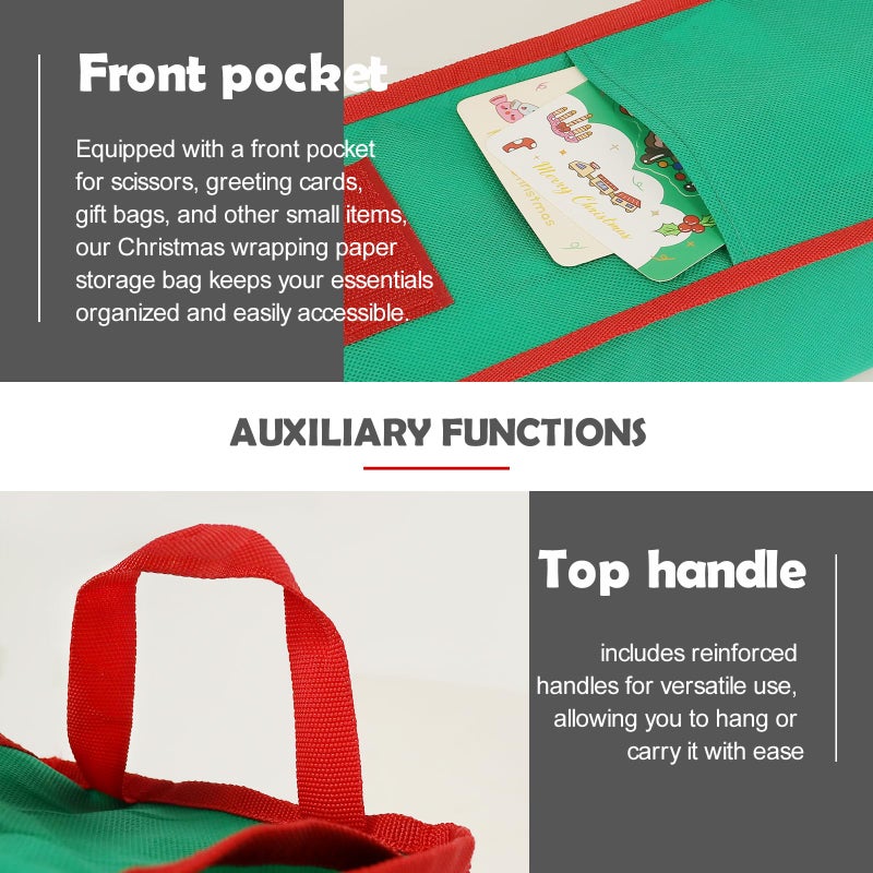 bruwaa 2 Psc Gift Wrapping Paper Organizer Storage Bag Containers with Pocket and Handles, 29" x 5.5" x 5.5", Green - Image 4