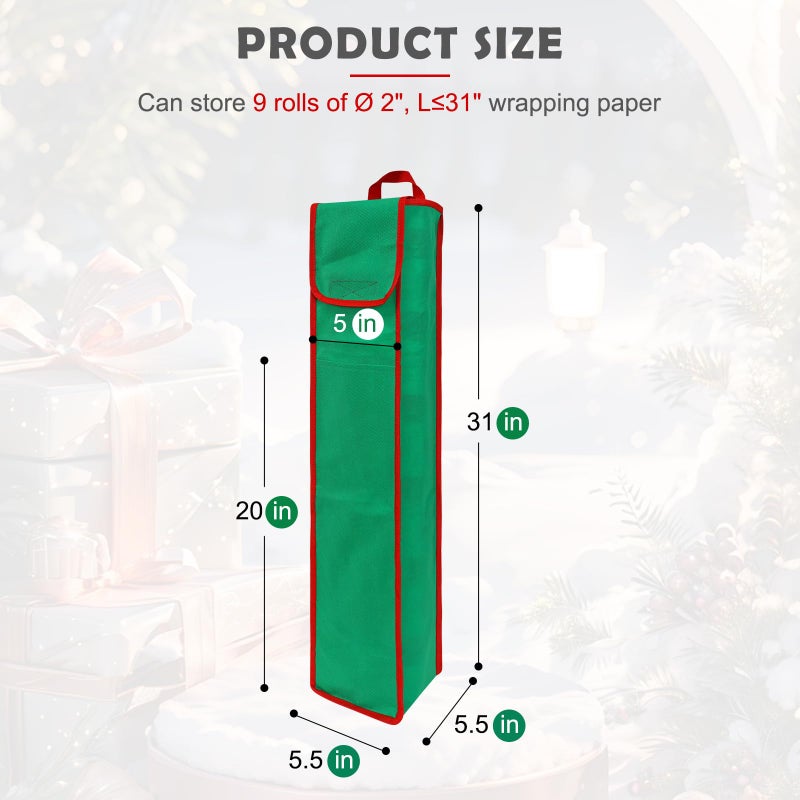 bruwaa 2 Psc Gift Wrapping Paper Organizer Storage Bag Containers with Pocket and Handles, 29" x 5.5" x 5.5", Green - Image 2